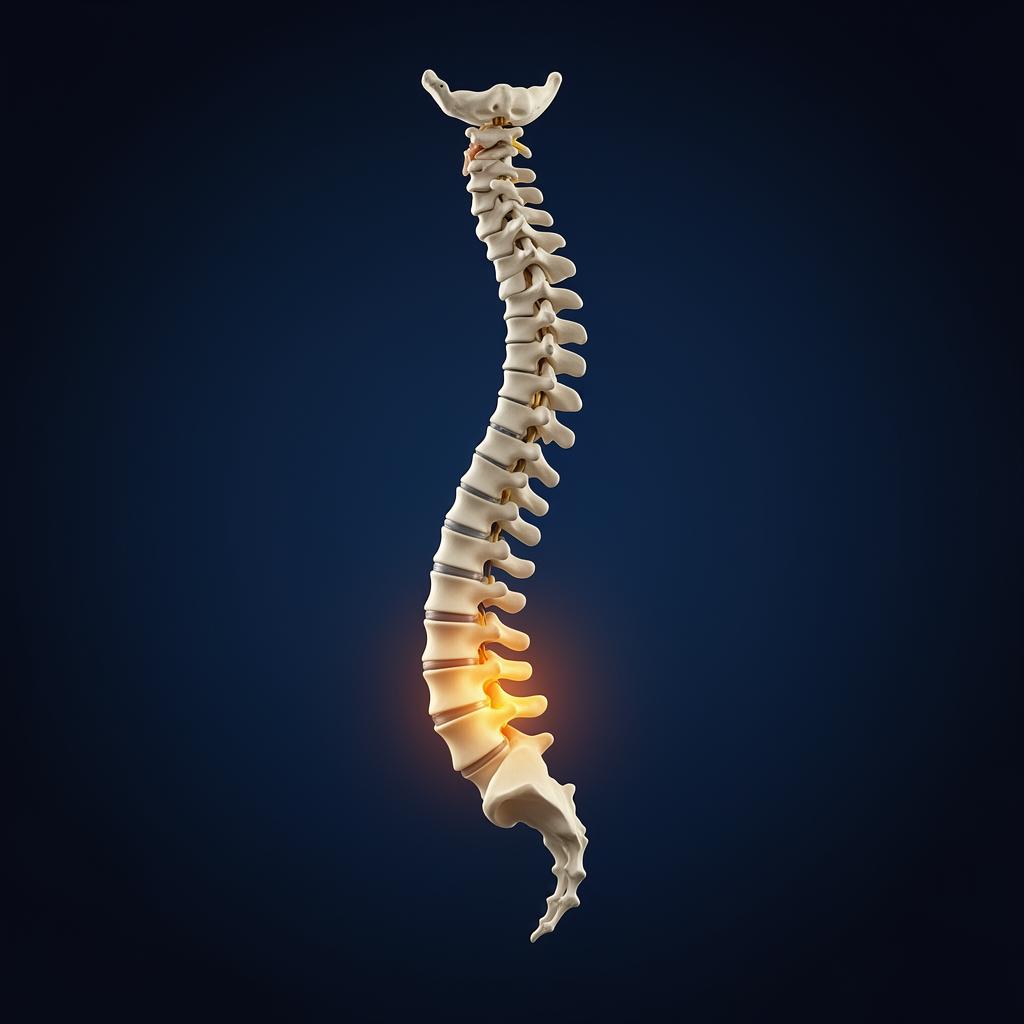 Ilustração 3D da coluna vertebral dorsal com indicação de dor e inflamação nas estruturas musculares e articulares, com fundo azul-marinho profundo e iluminação volumétrica.