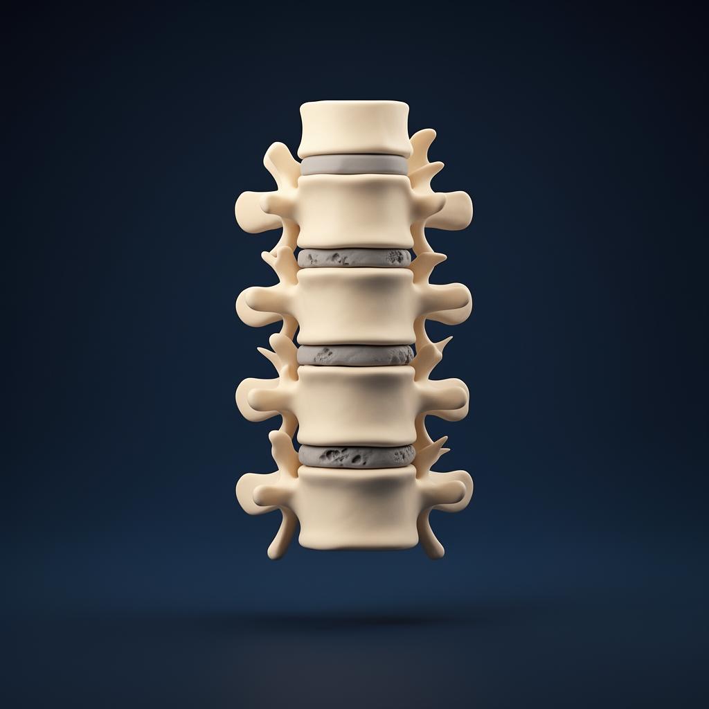 Ilustração 3D da coluna vertebral mostrando o desgaste progressivo dos discos intervertebrais e articulações facetárias, com fundo azul-marinho profundo e iluminação volumétrica.